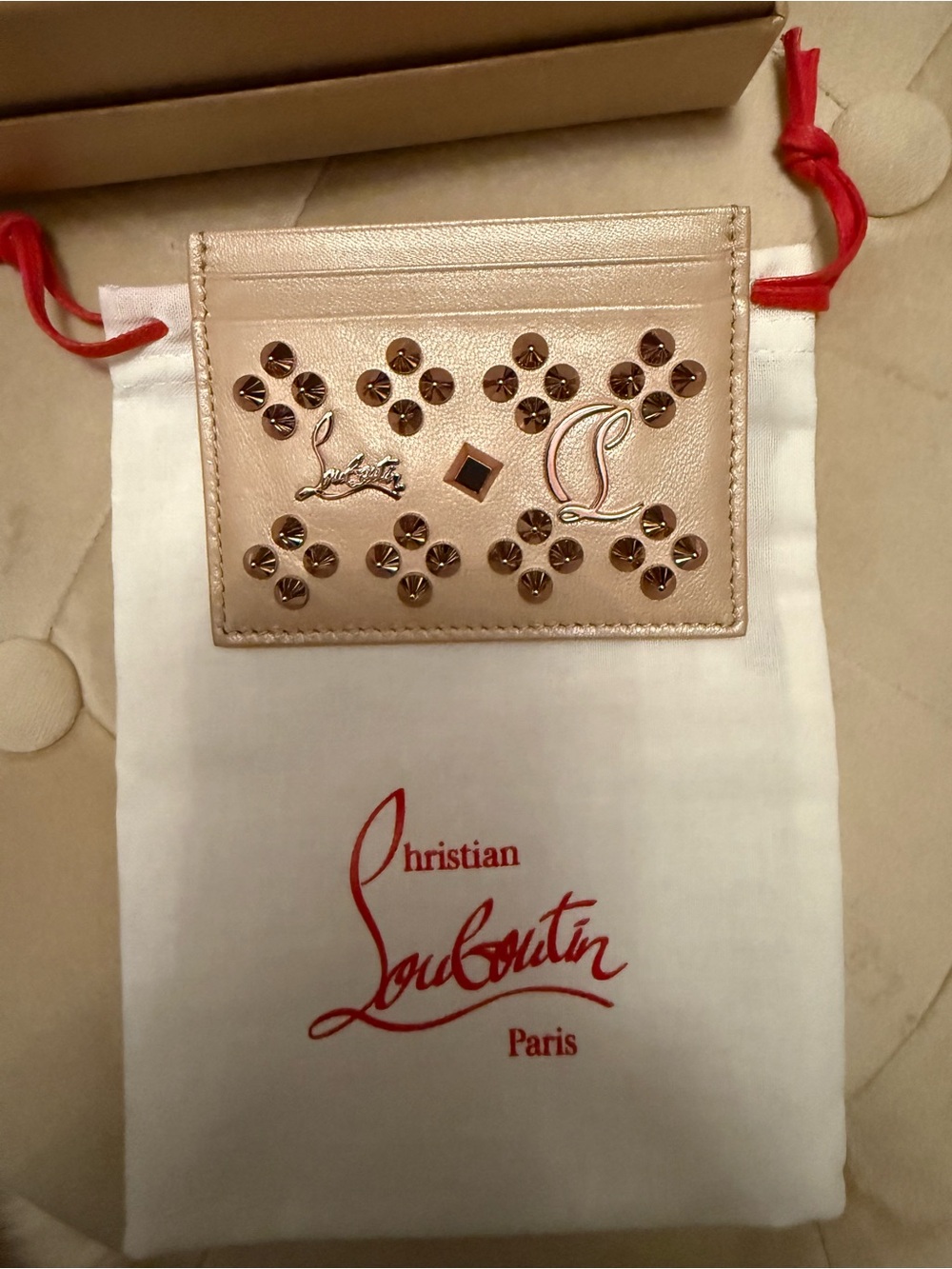 Christian Louboutin Kios Card Wallet Leather Studs Napa Perle Leche NWT
